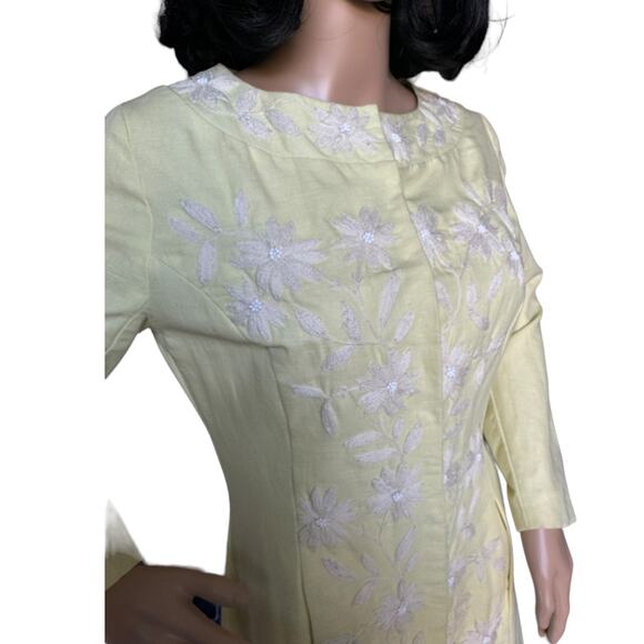 Anthropology Plenty Yellow Linen & White embroidered Beaded Coat size 6 - Picture 5 of 17